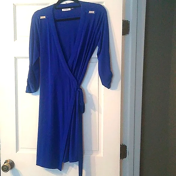 calvin klein blue wrap dress Calvin Klein Petite Long Sleeve Dress - Sapphire